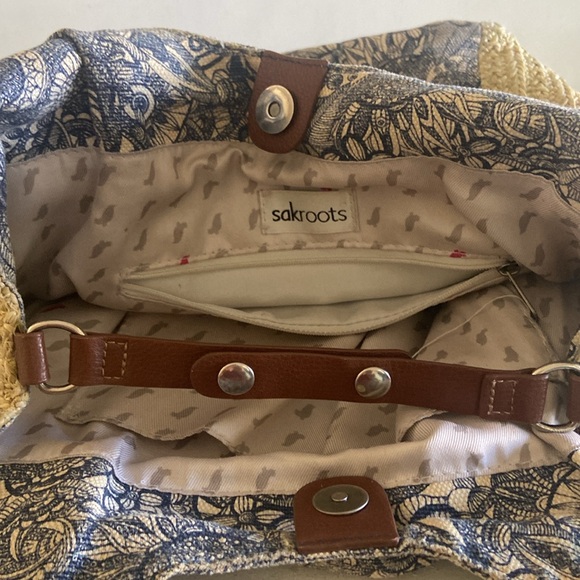 Sak Roots jute beige grey blue boho satchel bag double handle - Picture 15 of 16